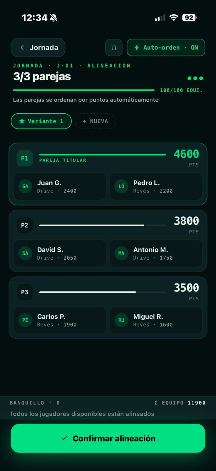Pantalla de Alineación en TACTIUM: 3 parejas ordenadas por puntos FEP con auto-balance