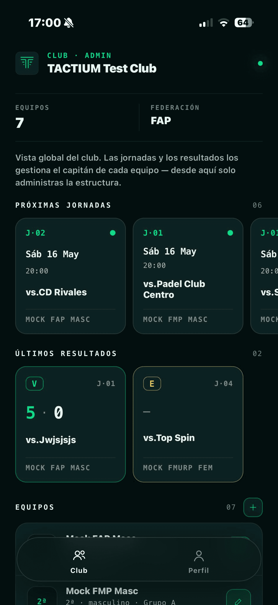 Panel admin del club con próximas jornadas y últimos resultados