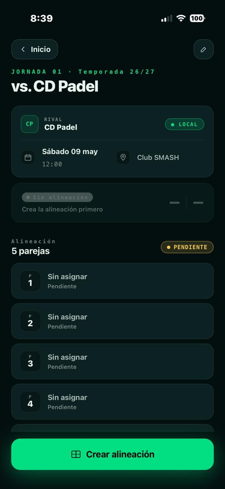Pantalla de Jornada pendiente con 5 parejas sin asignar