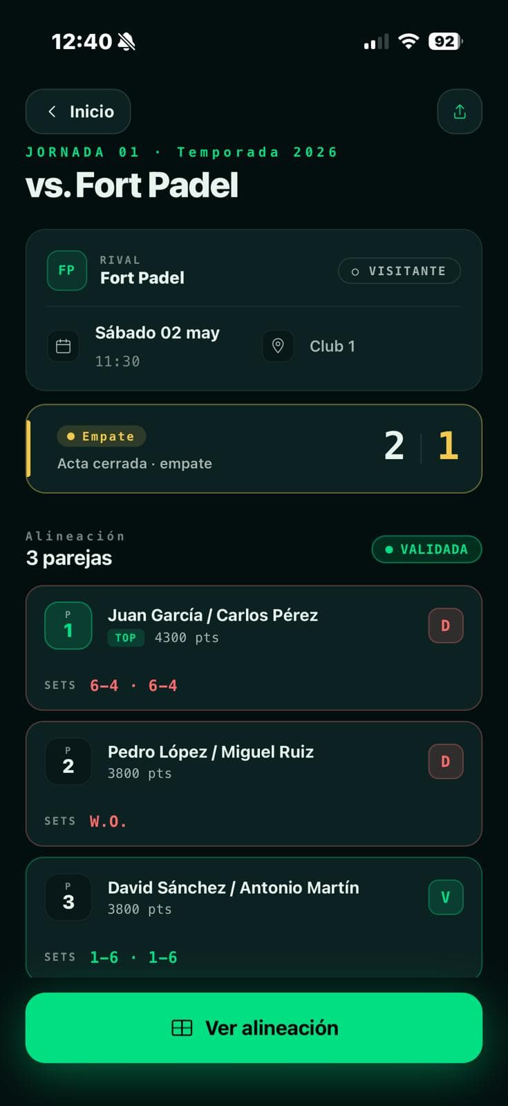 Pantalla de Jornada cerrada con resultados por pareja
